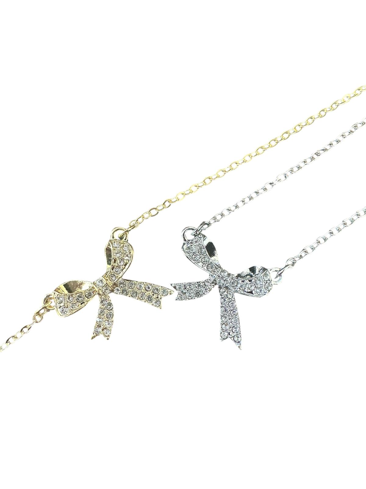 Gold Color Bowknot Rhinestone Pendant Necklace