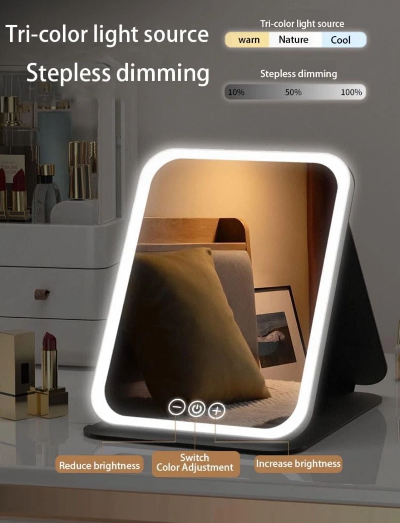 Portable Travel Makeup Mirror – Foldable & Rechargeable with Lights