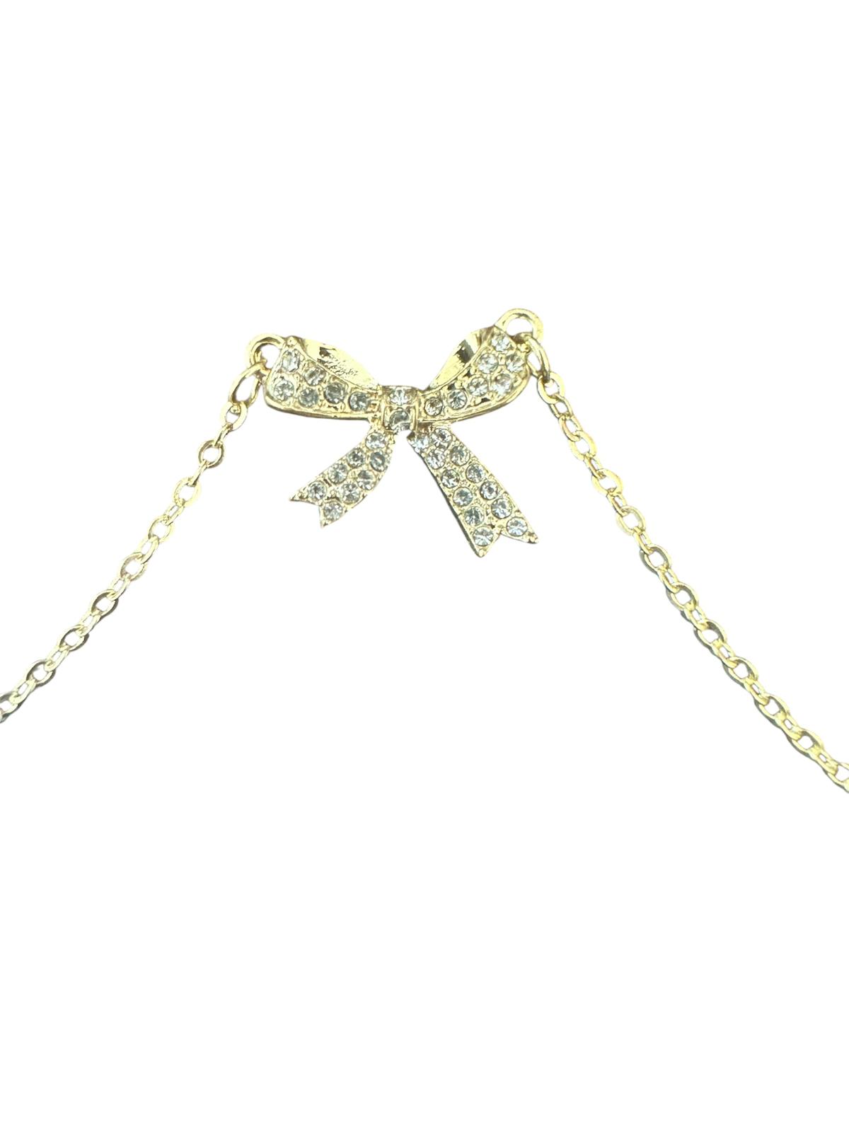 Gold Color Bowknot Rhinestone Pendant Necklace