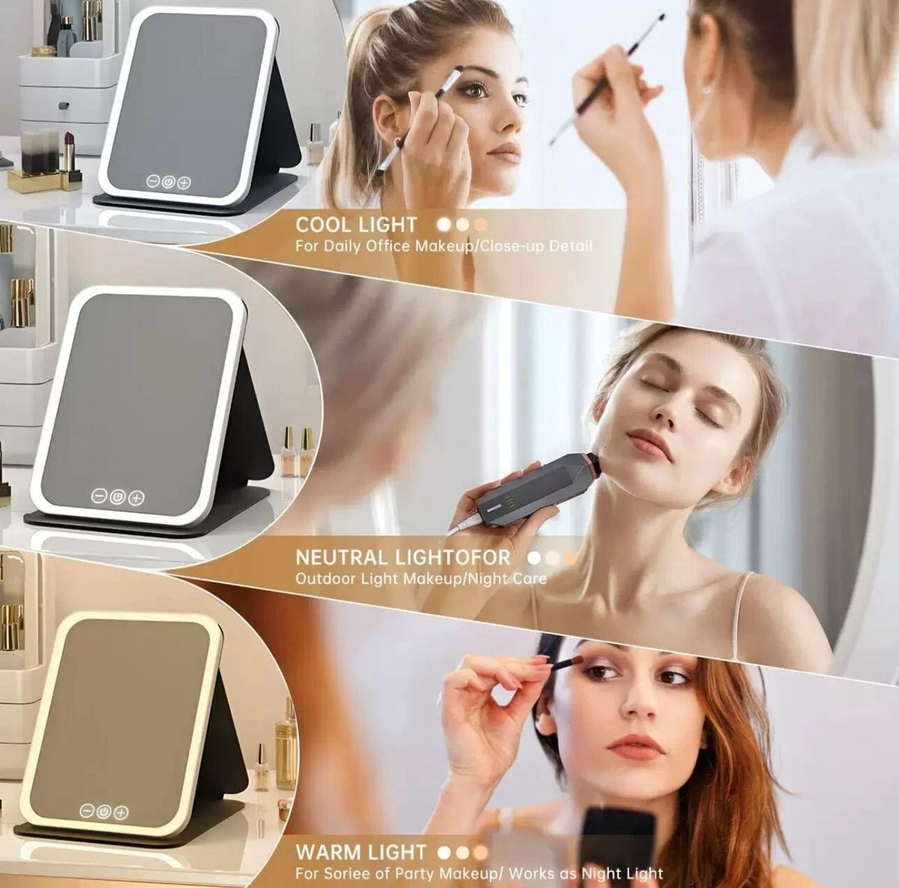 Portable Travel Makeup Mirror – Foldable & Rechargeable with Lights