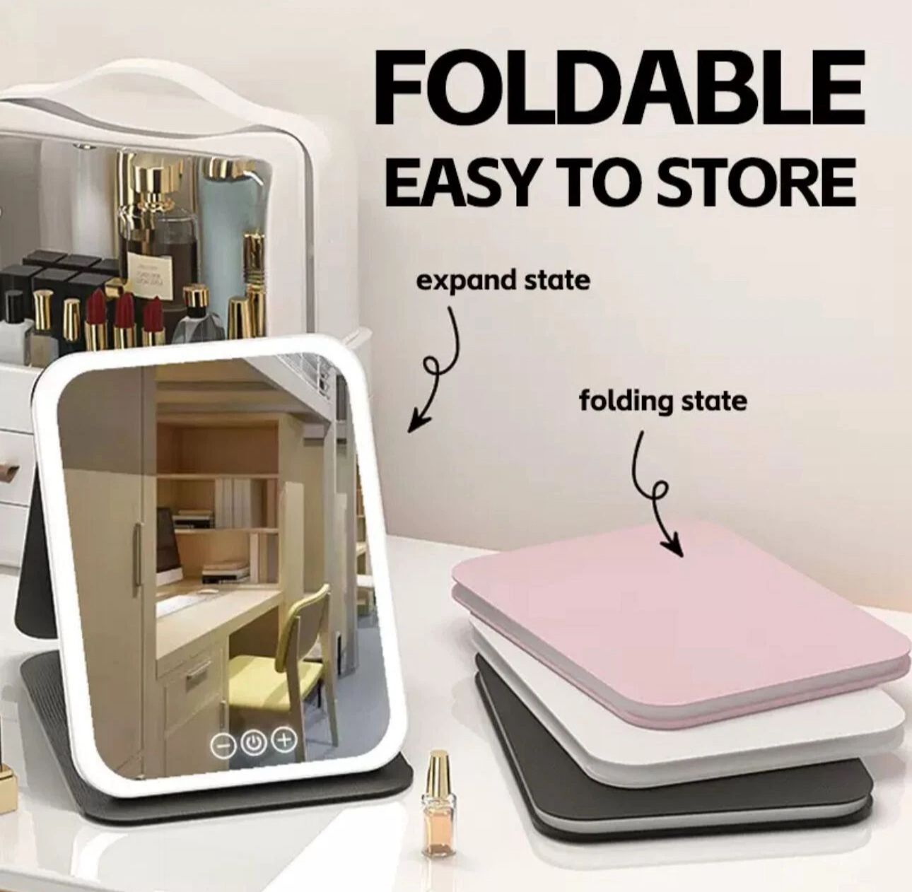 Portable Travel Makeup Mirror – Foldable & Rechargeable with Lights