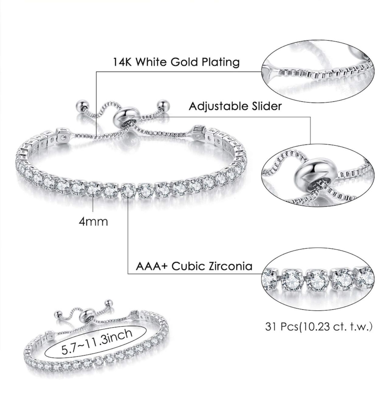 Silver-Plated Zircon Charm Bracelet for Women